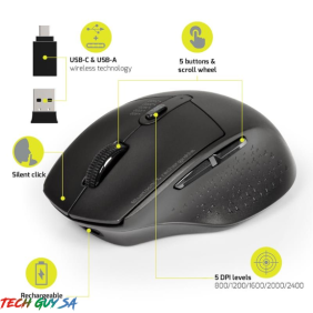 Port Wireless Rechargeable 1600DPI 5 Button Bluetooth Mouse - Black - Image 3