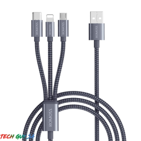 Romoss 3in1 Lightning Charge Sync|Micro USB |Type C to USB 1.5m Cable Space Grey  - End of Life