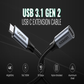 UGREEN USB-C 3.1 GEN2 10GBPS MALE TO FEMALE 0.5M BRAIDED EXTENSION CABLE - BLACK - Image 3