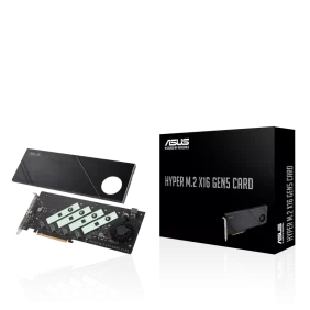 Asus Hyper M.2 x16 Gen5 Card (PCIe 5.0/4.0) supports up to four NVMe M.2 (2242/2260/2280/22110) devices at up to 512 Gbps for RAID